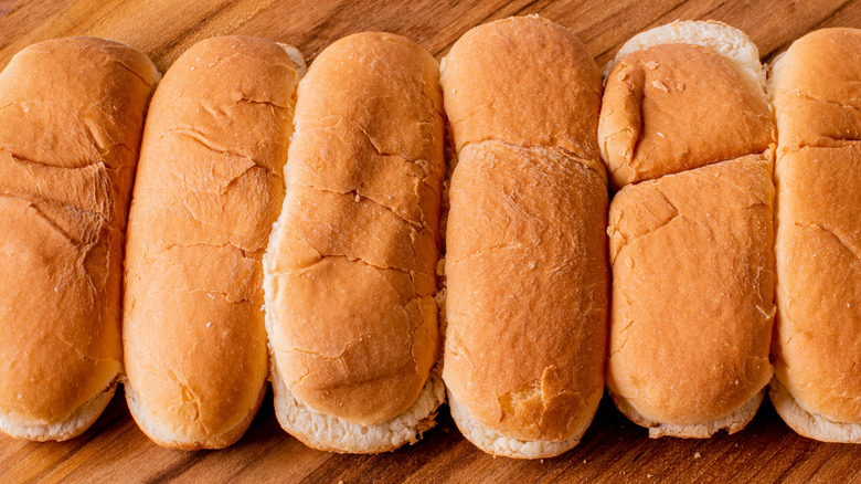 a line of hot dog buns