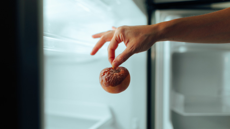 Hand taking rotten apple from fridge