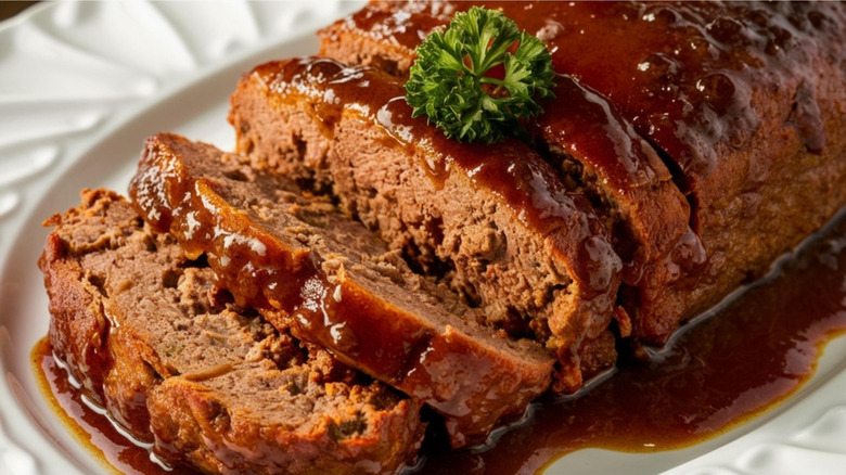 Slices of classic meatloaf on a serving dish.