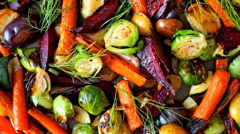 roasted carrots, beets, Brussels sprouts and other vegetables