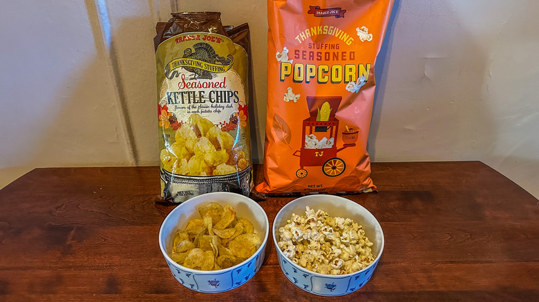 thanksgiving chips and popcorn from Trader Joe's in bowls