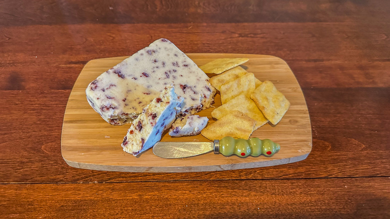 white stilton with cranberries from Trader Joe's on cutting board