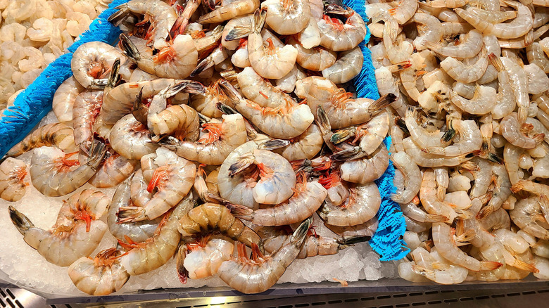 Fresh shrimp on ice on display in a market