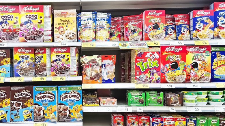 Different breakfast cereals at the grocery store on the shelves