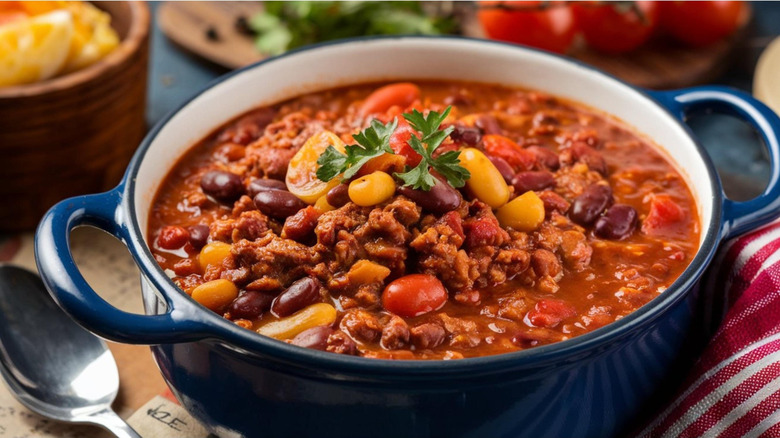 Chili con carne in a ceramic pot