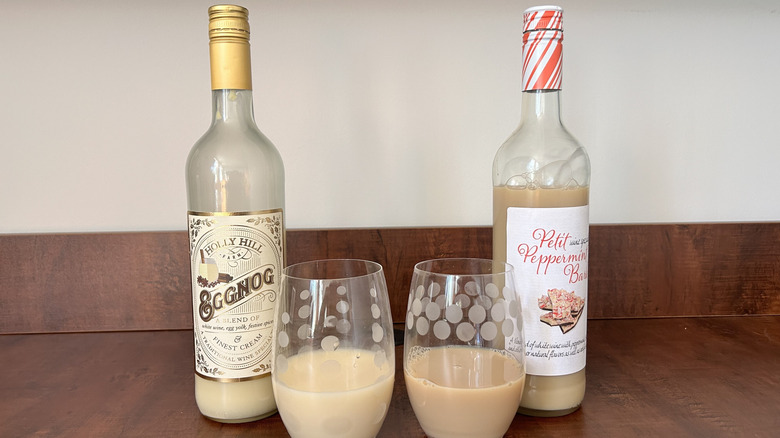 Aldi's eggnog and peppermint bark wine bottles