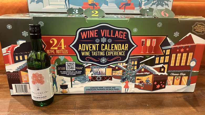 A bottle of Italian Abruzzo Trebbiano in front of Aldi's Advent Calendar