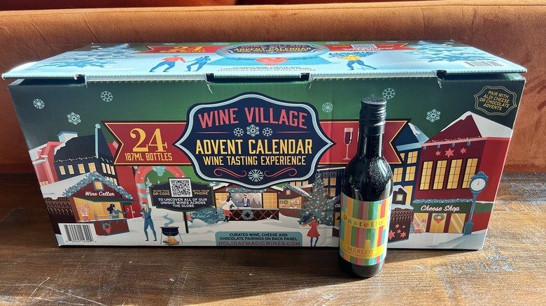 A bottle of Italian Merlot in front of Aldi's Advent Calendar