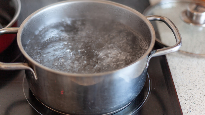 A pot of boiling water on a stove