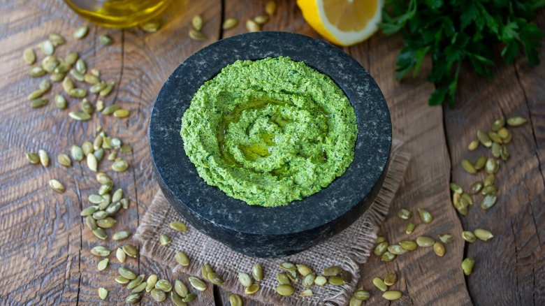 pumpkin seed pesto in a bowl