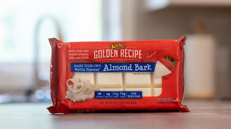 A package of vanilla almond bark on a kitchen counter