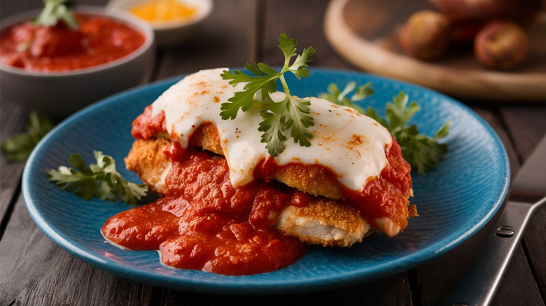 Plate of chicken Parmesan topped with basil