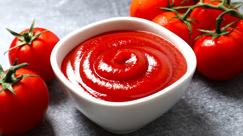 Bowl of ketchup surrounded by tomatoes