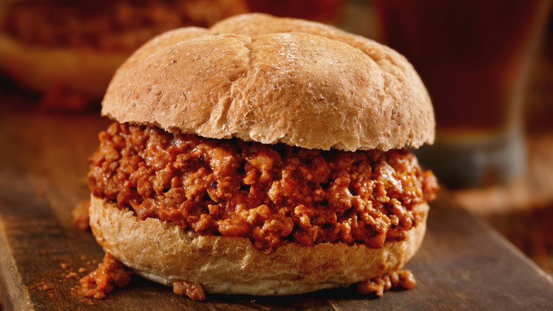 Sloppy Joe sandwich on a wooden board