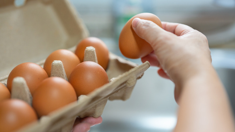 A close up of a person grabbing a brown egg from its carton