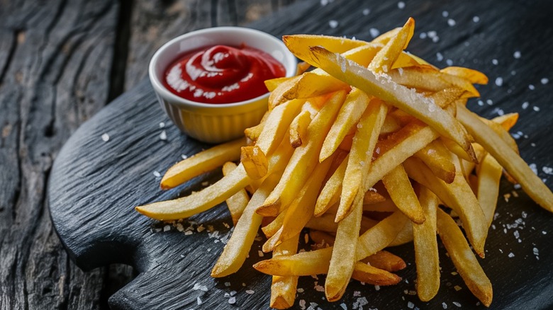 French fries next to a ramekin of ketchup