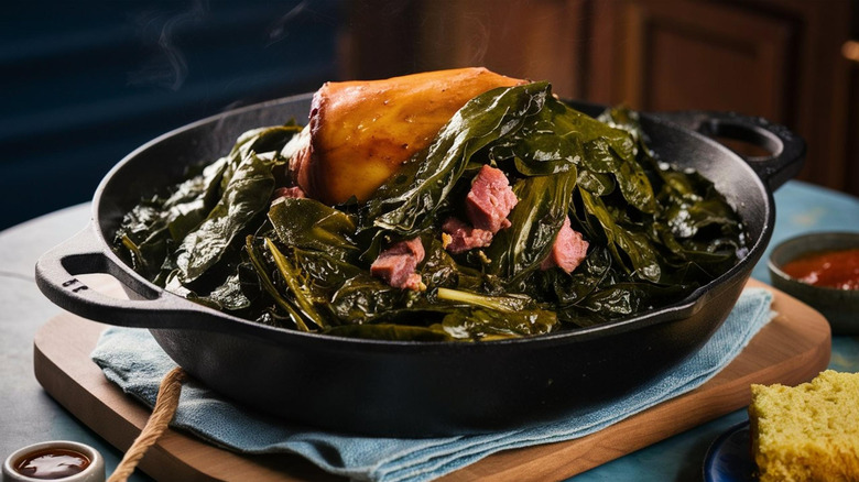 Skillet of collard greens with chunks of ham and ham hocks mixed in atop a wooden board