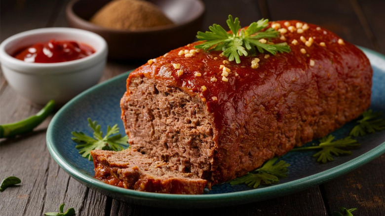 Homemade meatloaf topped with ketchup on a plate