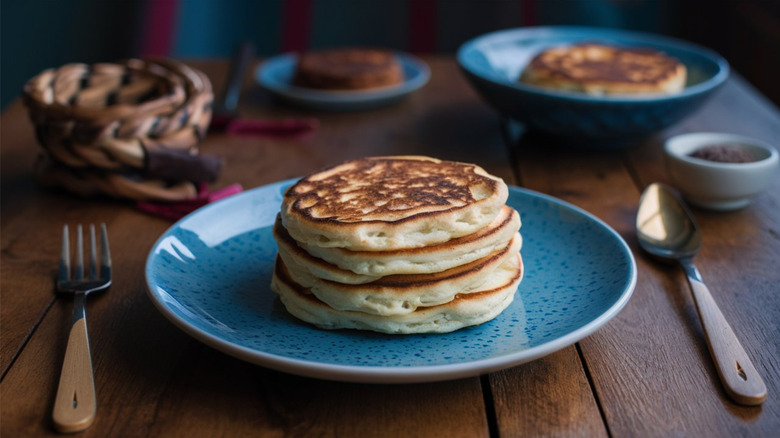 A stack of pikelets on a plate.