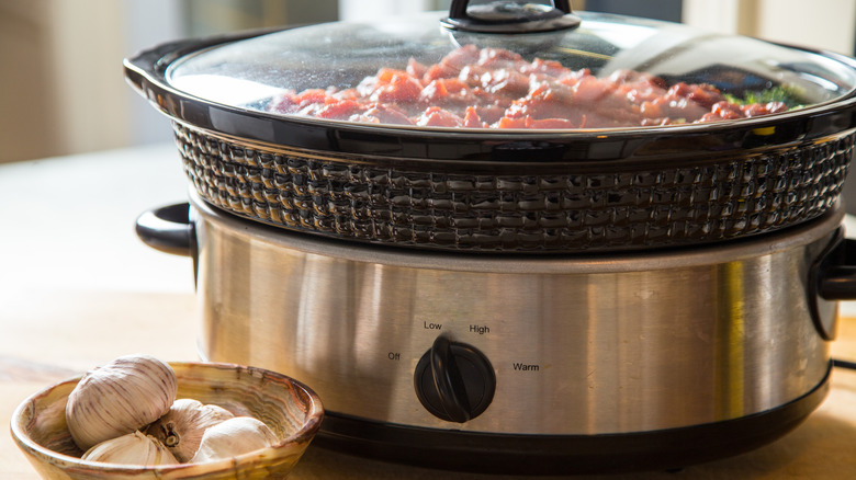 slow cooker with stew on low