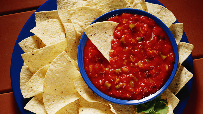 A blue plate with tortilla chips and a bowl of salsa in the middle