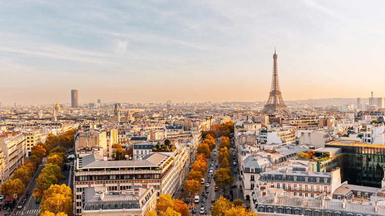 The Eiffel Tower rising above the city of Paris during sunrise