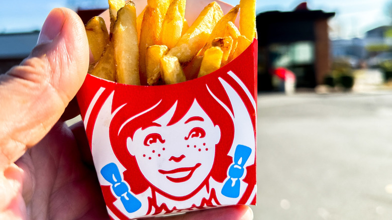 A person holding a small fries from Wendy's outside during the daytime