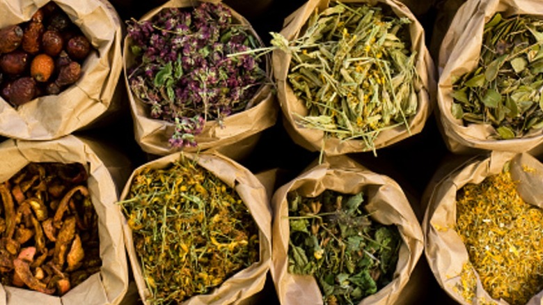 Bags of several dried herbs