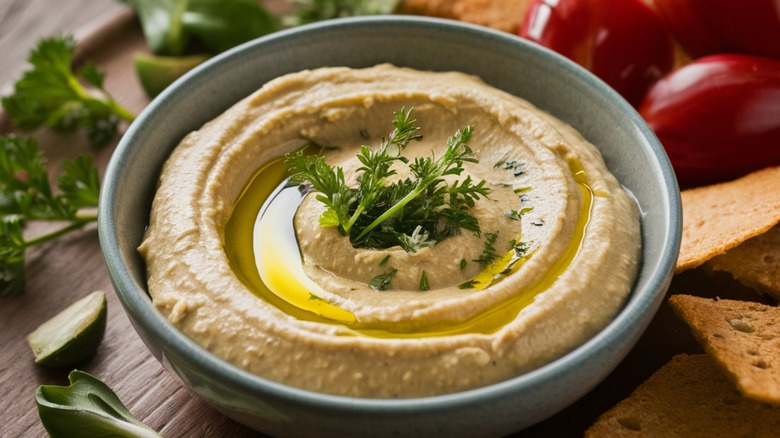 Bowl of hummus with drizzle of oil and herbs