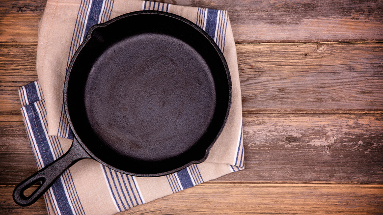 A cast iron skillet on table