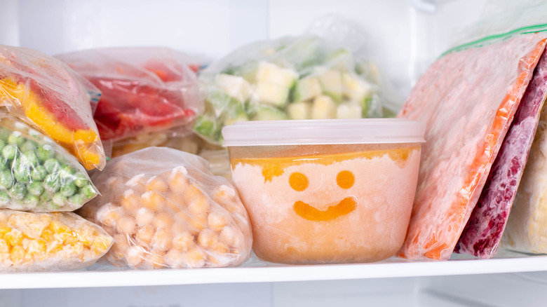 Vegetables frozen in freezer