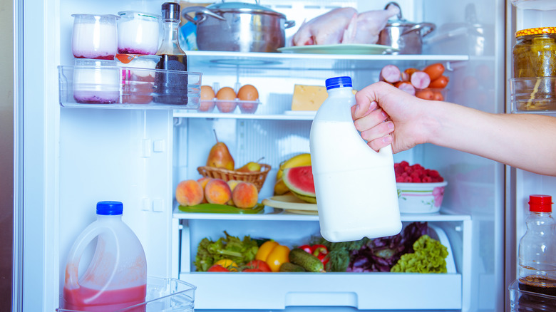 Hand with milk near refrigerator