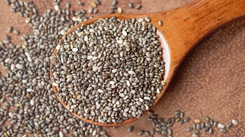 chia seeds on wooden spoon