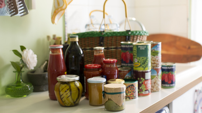 various canned items on table