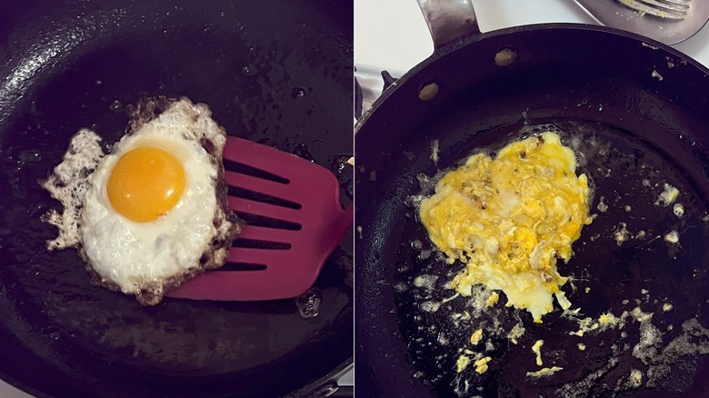 L: egg frying in bacon grease, lifted by spatula. R: Eggs scrambled in butter cooking in pan