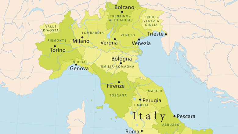 Map of center and northern Italy with Bologna and its capital, Emilia-Romagna on the center