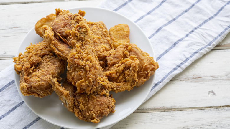 Fried chicken on a white platter