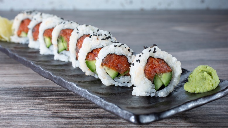 Spicy tuna roll with wasabi