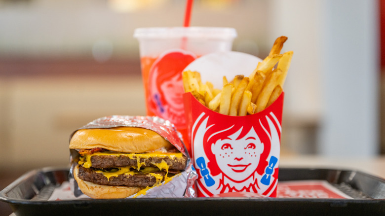 Cheeseburger, fries, and drink from Wendy's