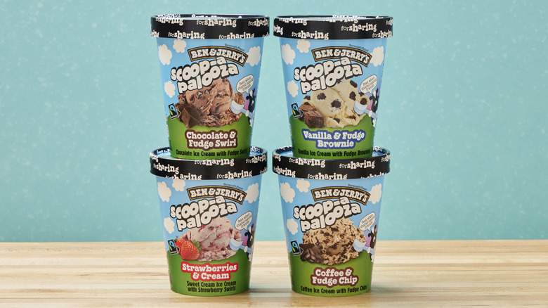 The four new Scoop-apalooza pints from Ben & Jerry's on turquoise background.