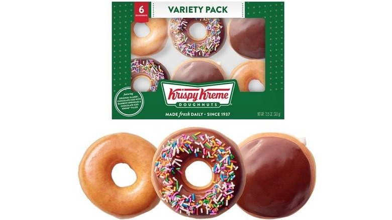 A six-pack box of Krispy Kreme Doughnuts