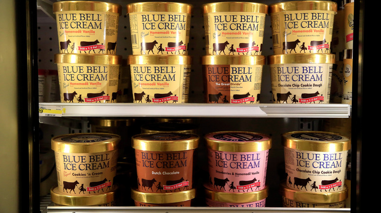 Blue Bell Creameries' ice cream products sitting in a freezer.