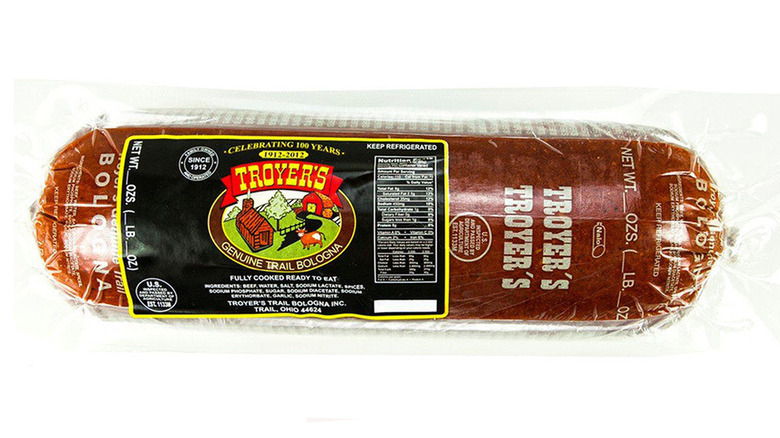 Package containing a Troyer's Genuine Trail Bologna chub