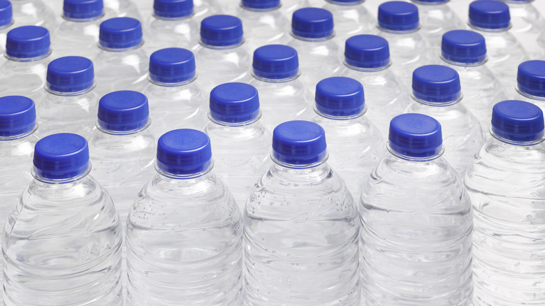 Water bottles arranged in rows