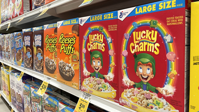 cereal boxes in grocery store aisle