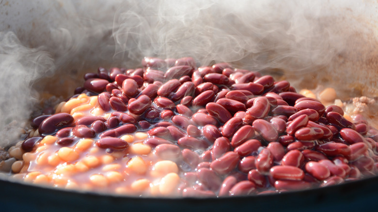 Red kidney beans and cannellini beans simmering in a pot