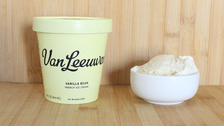 Container and bowl of Van Leeuwen vanilla ice cream