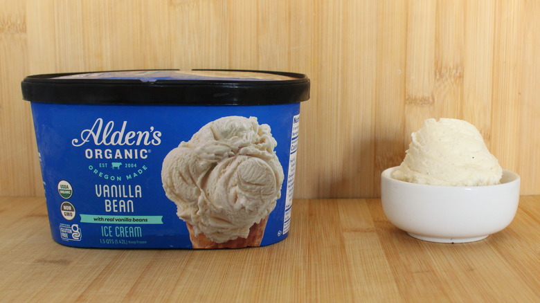 Container and bowl of Alden's vanilla bean ice cream