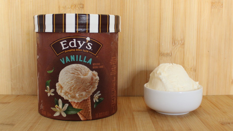 Container and bowl of Edy's vanilla ice cream