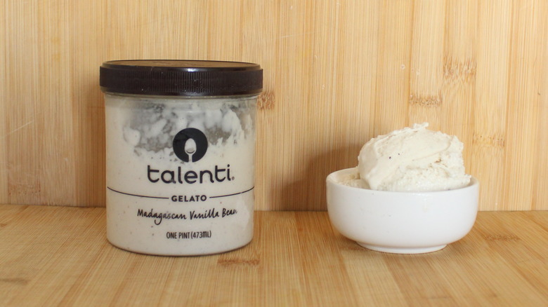 Container and bowl of Talenti vanilla gelato